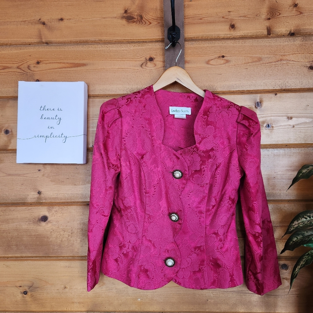 Lindsey Scott Vintage Pink Floral Damask Metallic Cap Pearl Brooch Suit Jacket 8